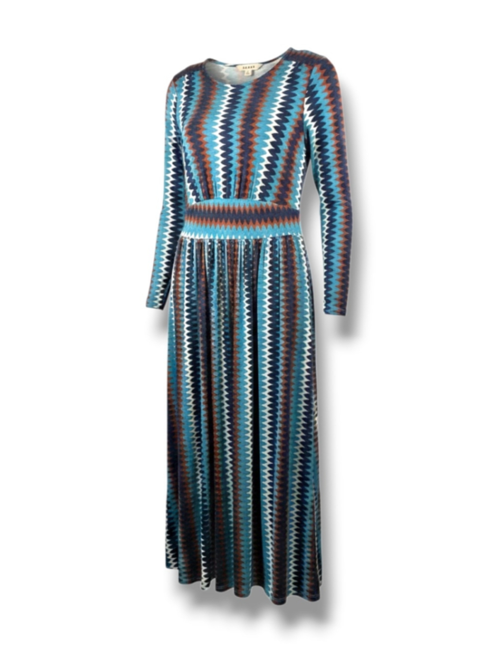 Boden Long Sleeve Maxi Dress Zig Zag Pattern in Blue Brown Size 10 L